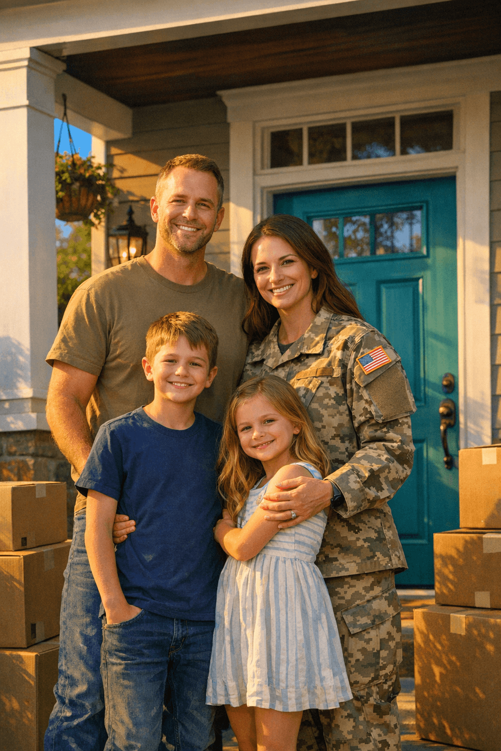 A military family standing on the porch of their new Leavenworth, Kansas home surrounded by moving boxes in warm golden hour light