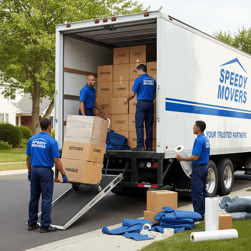 Moving crew loading household items into moving truck