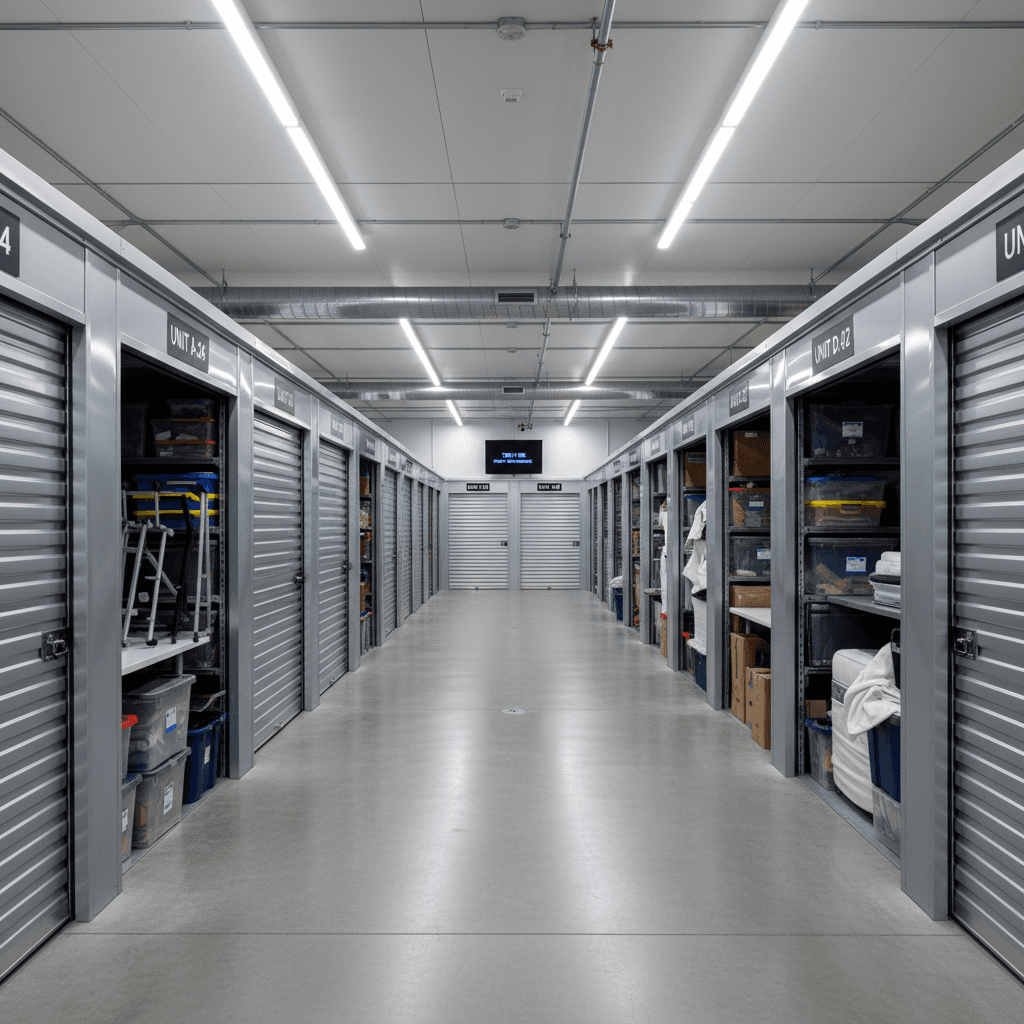 Climate-controlled storage facility with organized boxes and furniture