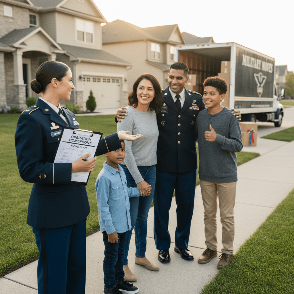 Military family standing in front of home with moving truck in background