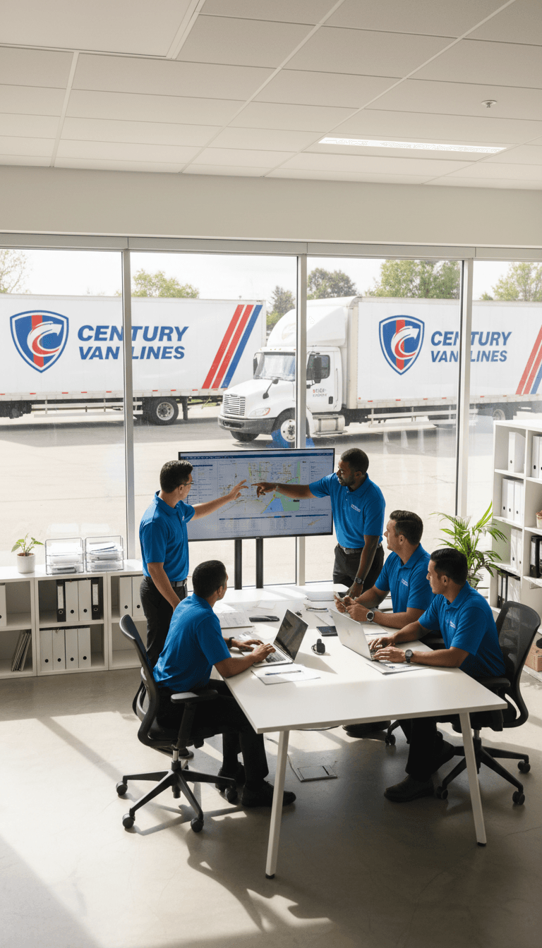 Moving company team in modern office with trucks outside.