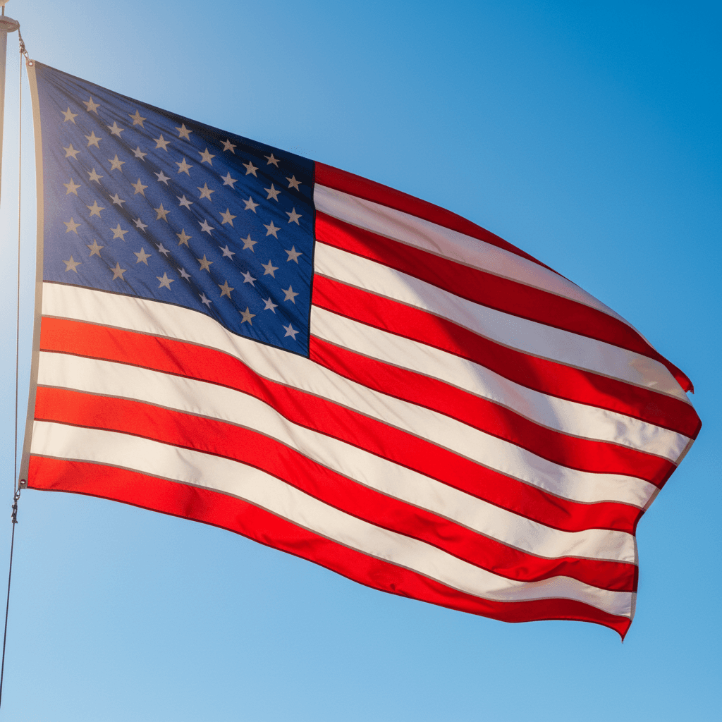 American flag waving against a clear blue sky, symbolizing trust and patriotism.