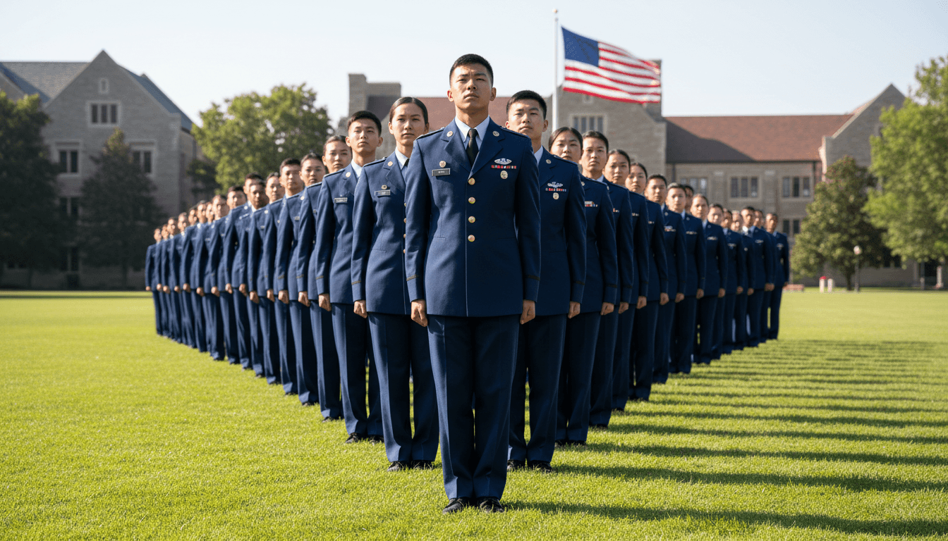 Diverse college cadets in dress uniform standing in formation on parade ground with university building and flag in background