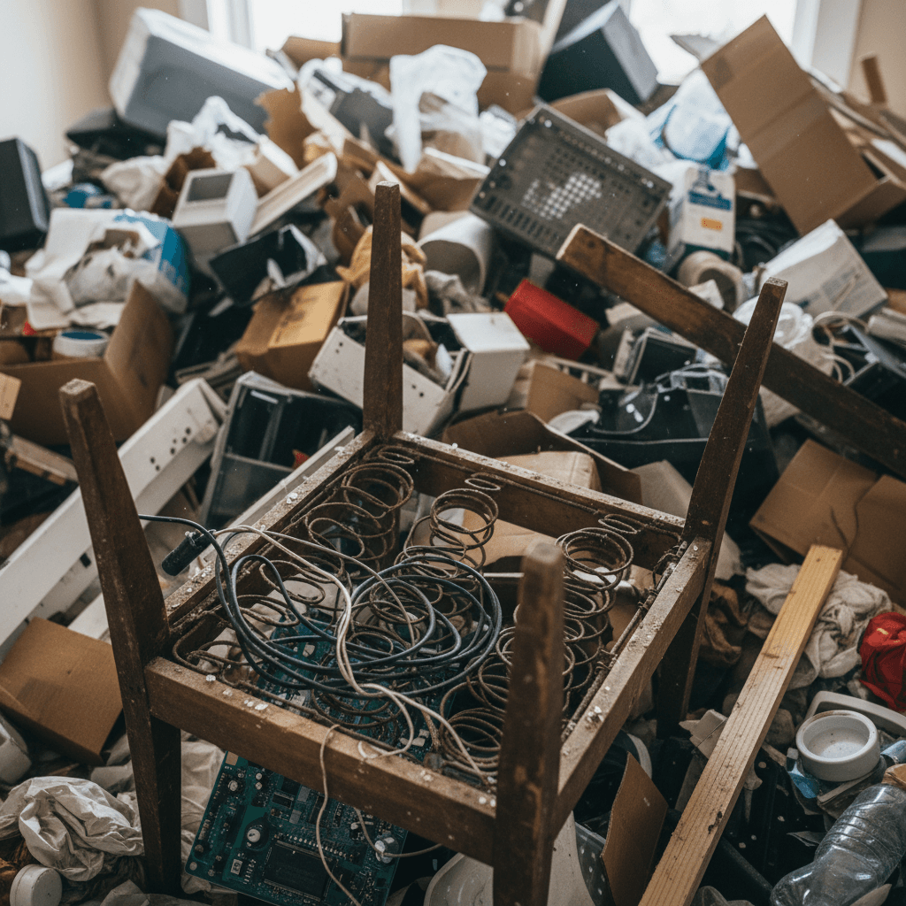 Close-up overhead view of discarded household items and junk from residential cleanout operation with varied materials