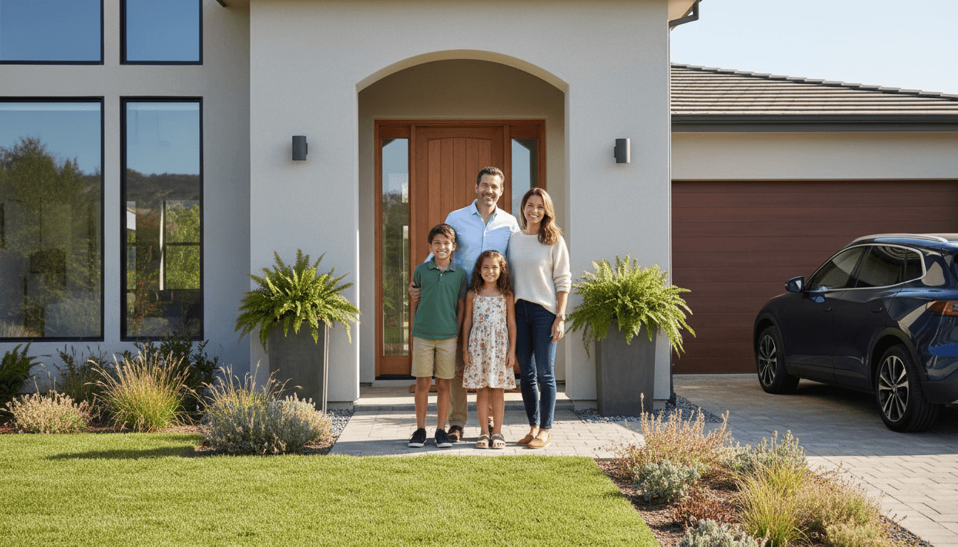 Diverse family of four standing together in front of their home entrance smiling at the camera