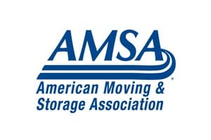 Blue logo for AMSA, American Moving & Storage Association, with stylized blue curved lines.
