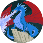 Blue dragon with red wings perched on a rock breathing ice in a circular frame.