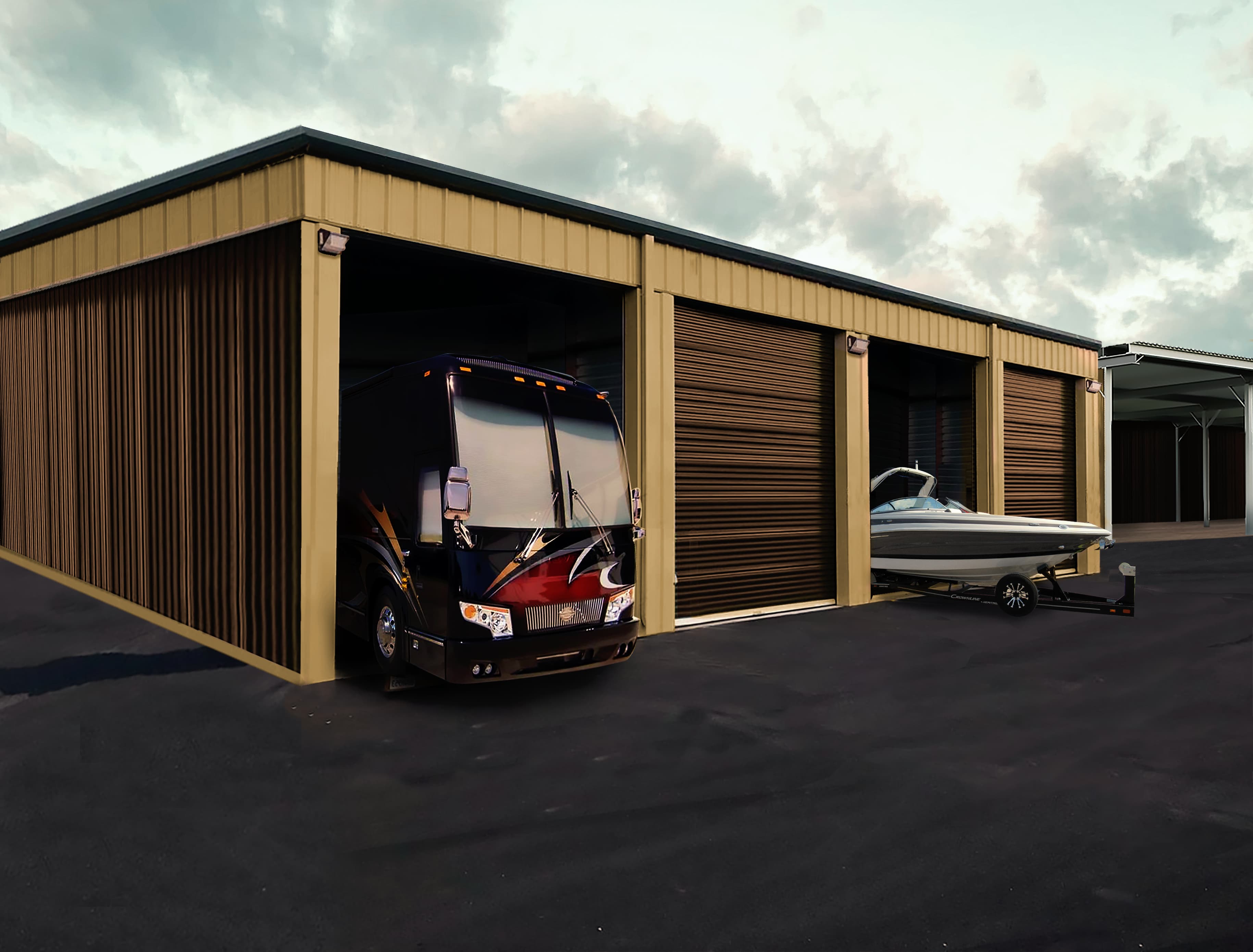 Tan metal storage facility housing a luxury motorhome and a motorboat in open bays.